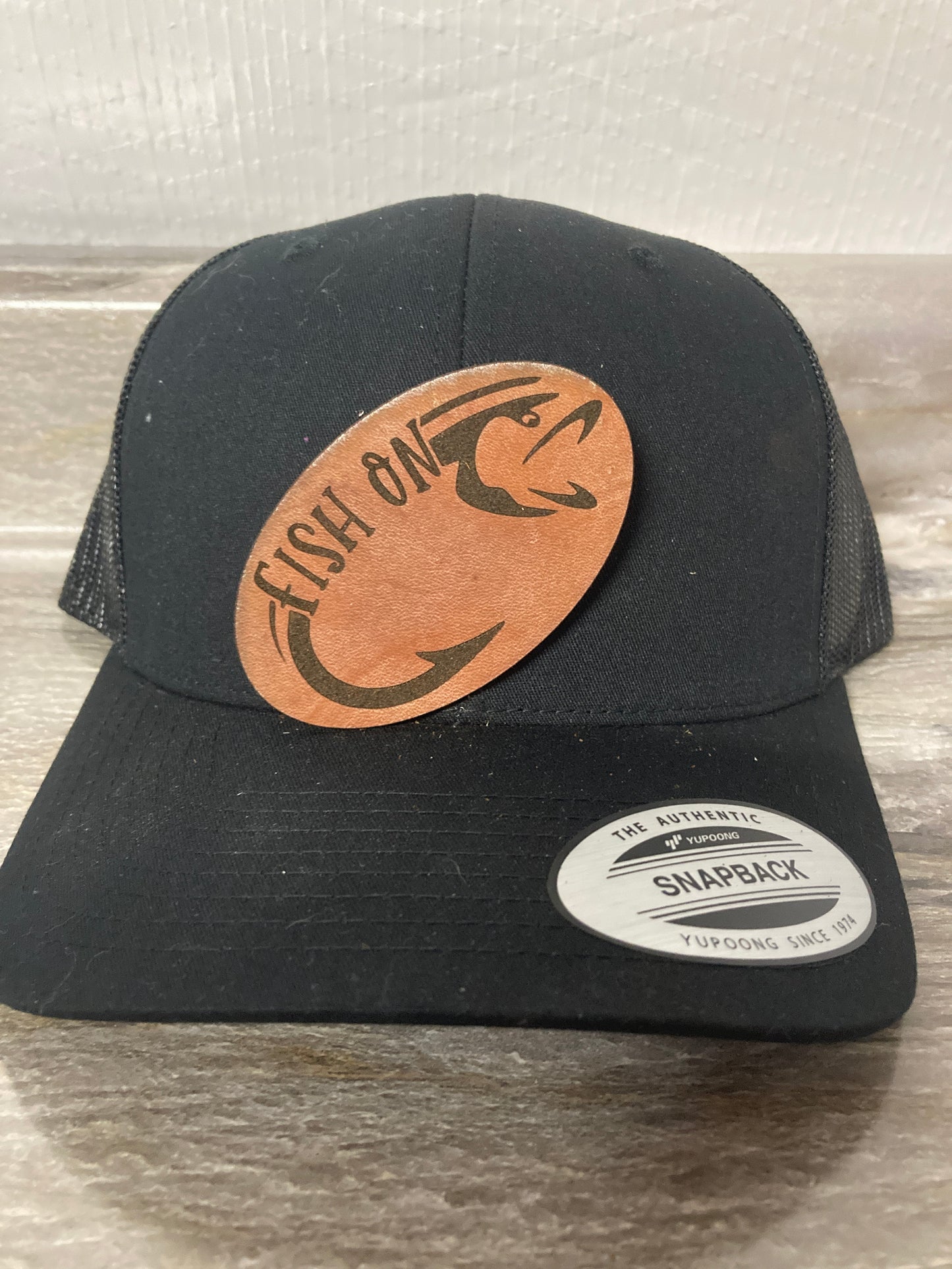 Fish On Hook Leatherette Hat Patch