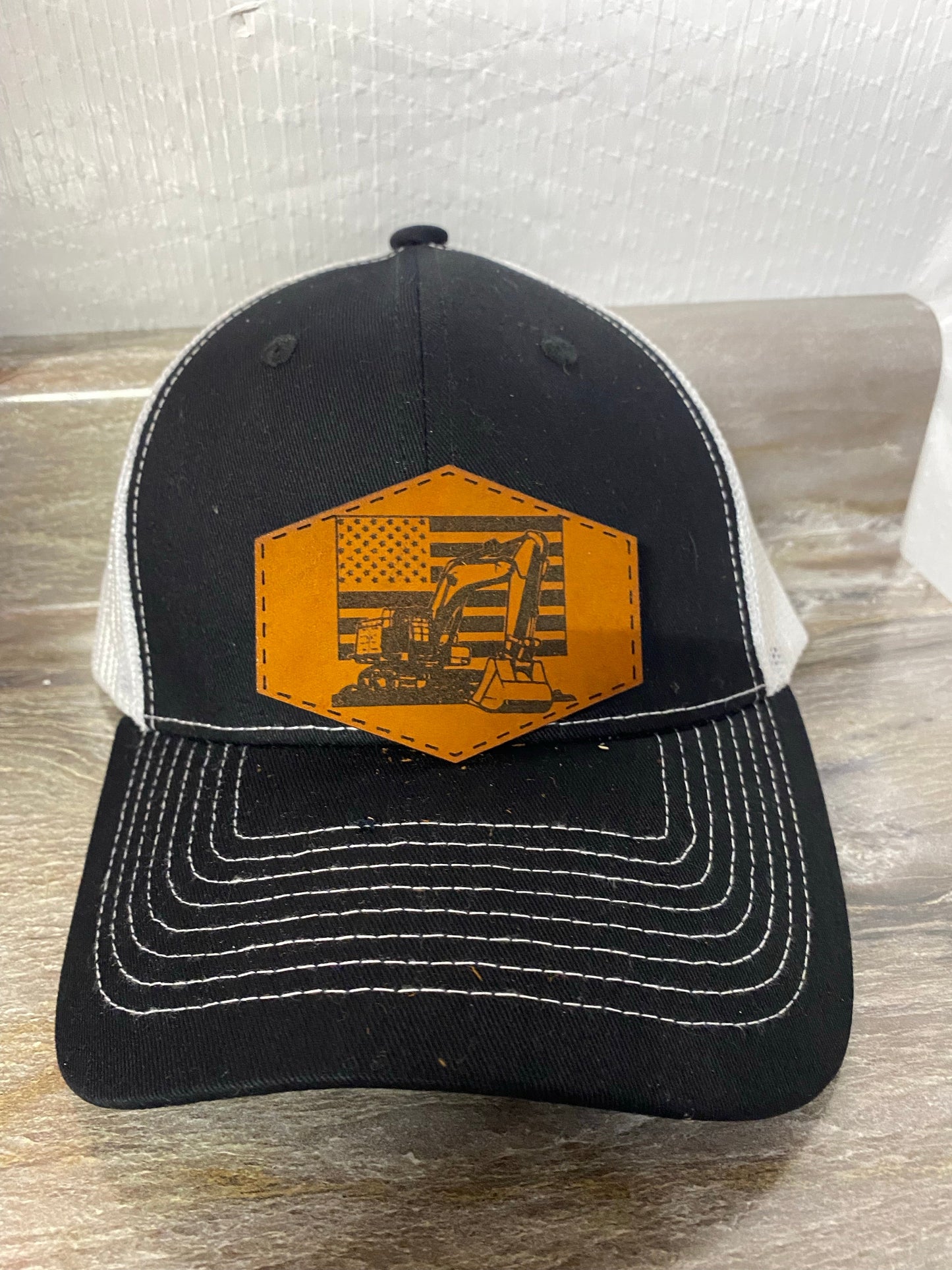 Excavator Flag Leatherette Hat Patch